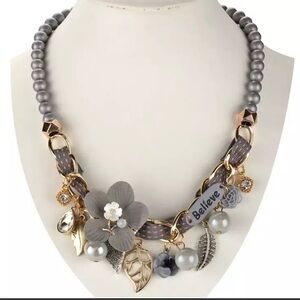 NUANCE gray faux pearl beaded flower leaf rhinestone believe chunky necklace